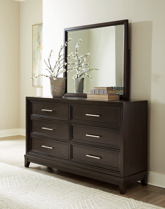 Neymorton Queen Upholstered Panel Bed with Mirrored Dresser, Chest and Nightstand