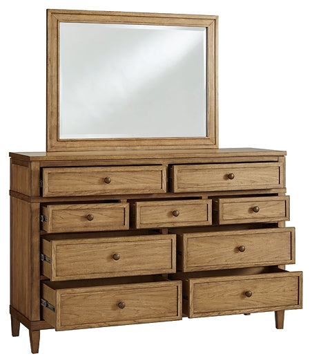 Sharlance King Upholstered Panel Bed with Mirrored Dresser