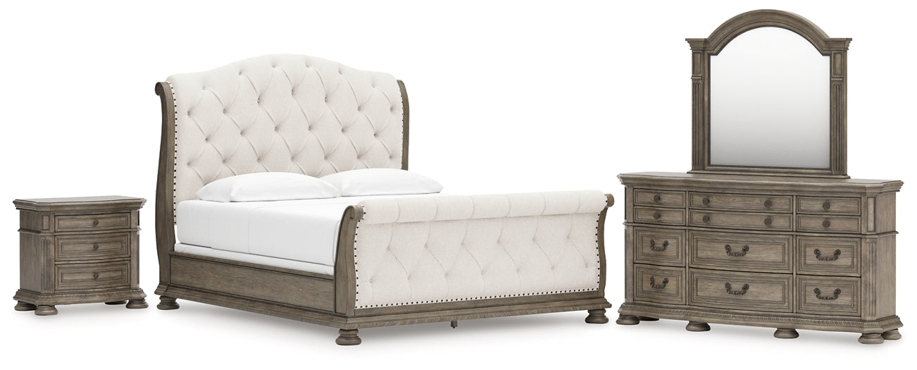 Ardenfield California King Upholstered Sleigh Bed with Mirrored Dresser and Nightstand