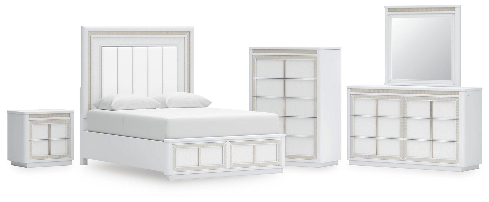 Chalanna Queen Upholstered Storage Bed, Dresser, Mirror, Chest and Nightstand