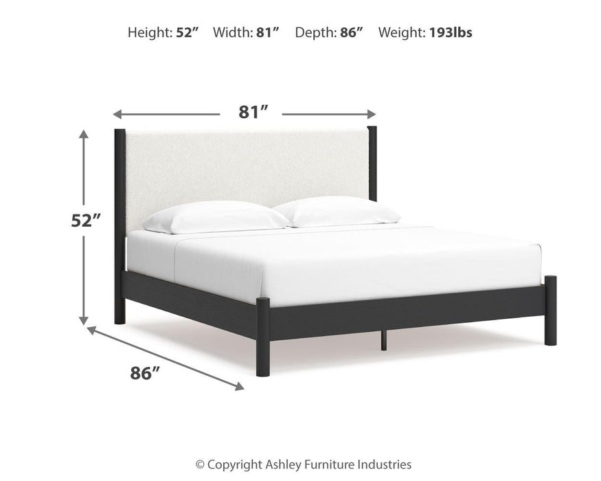 Cadmori King Upholstered Panel Bed, Dresser and Mirror