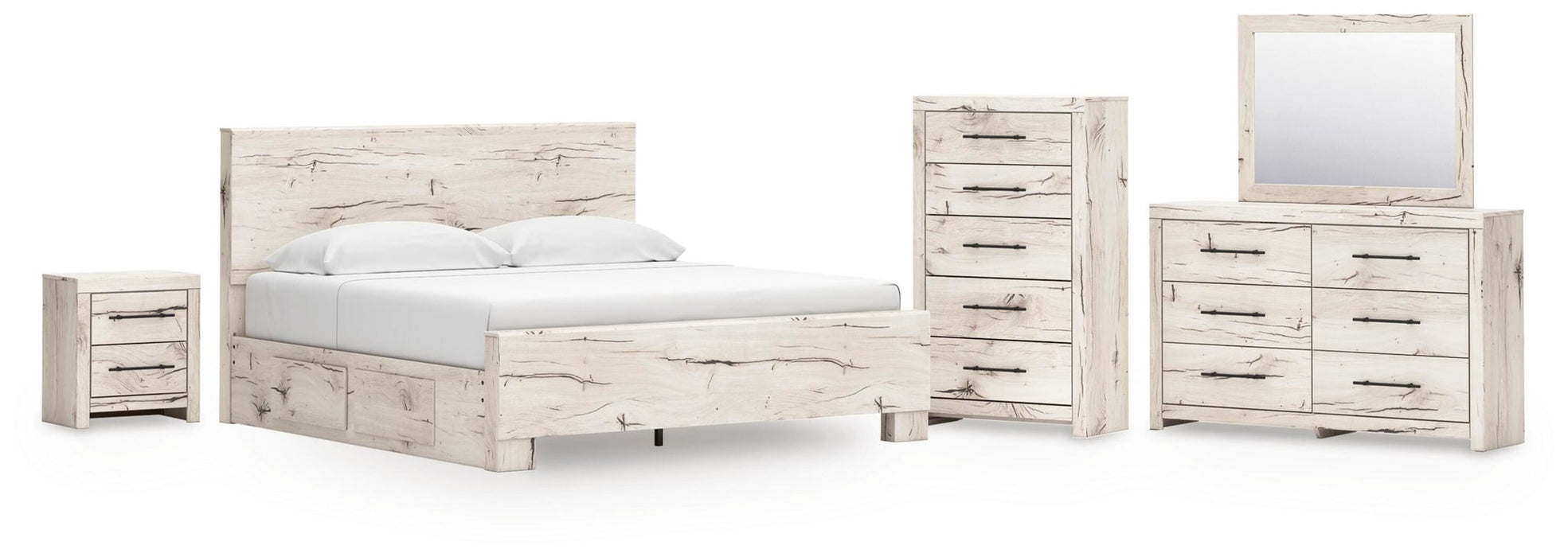 Lawroy King Panel Bed with Storage, Dresser, Mirror, Chest and Nightstand