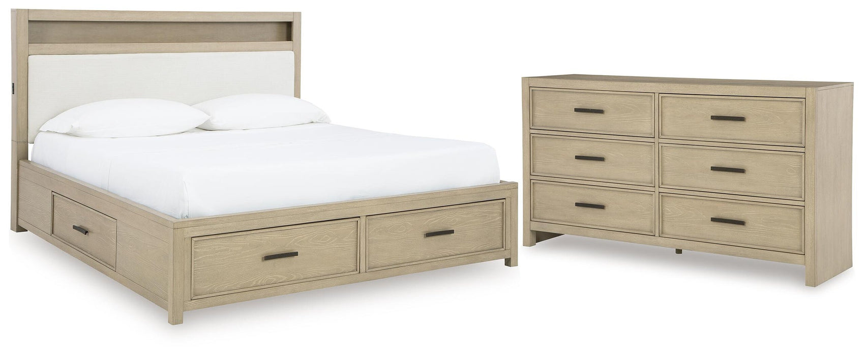 Calmoro King Bookcase Bed with Mirrored Dresser