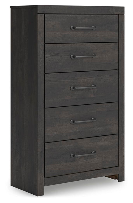 Hollivern King Panel Bed, Dresser, Mirror, Chest and Nightstand