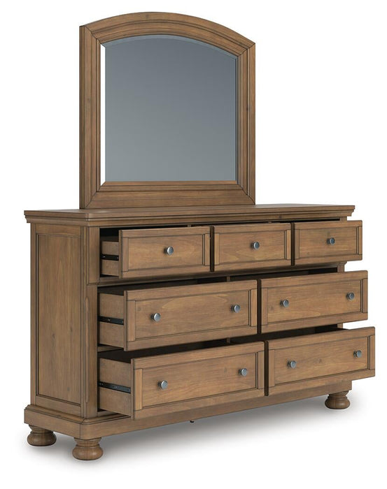 Feddinger Queen Storage Sleigh Bed with Mirrored Dresser, Chest and Nightstand