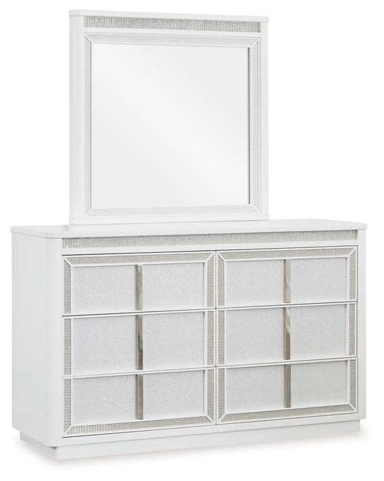 Chalanna King Upholstered Storage Bed, Dresser, Mirror and Nightstand