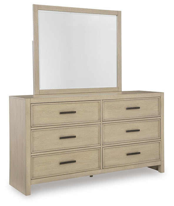 Calmoro King Bookcase Bed with Mirrored Dresser and Nightstand