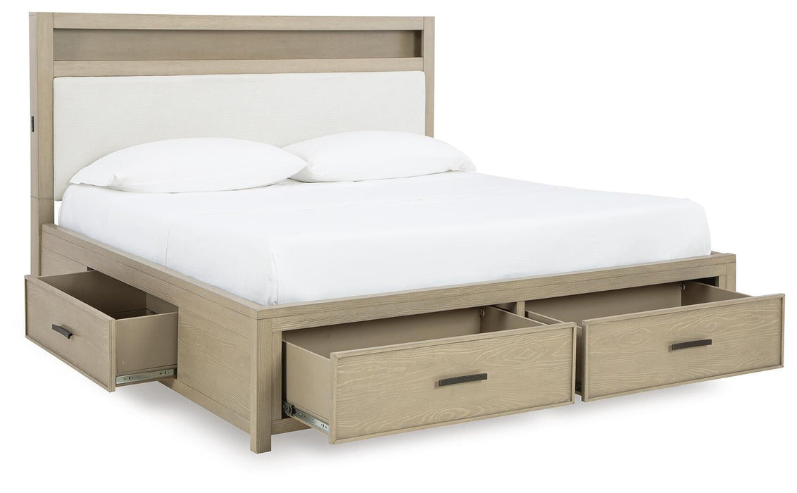 Calmoro King Bookcase Bed with Mirrored Dresser and Nightstand