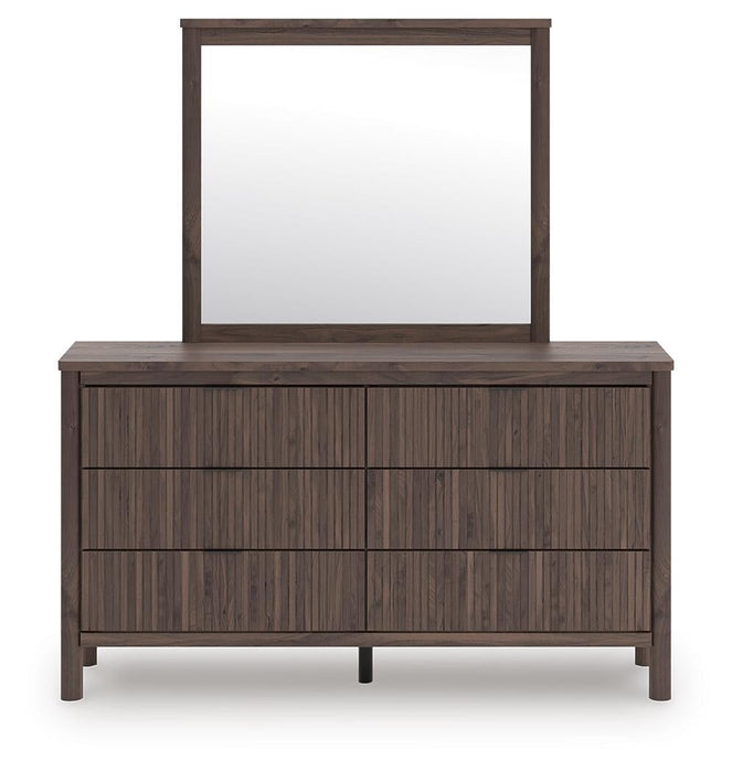 Pamytta Queen Upholstered Panel Platform Bed, Dresser and Mirror