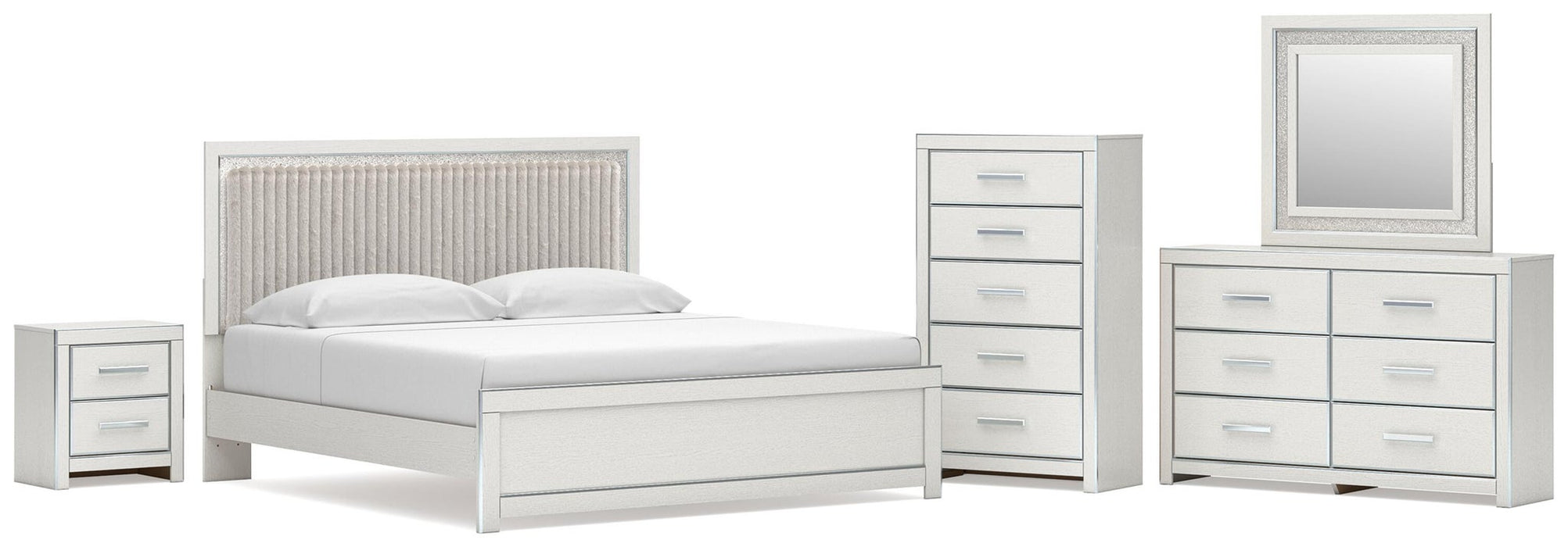 Zuraleus King Upholstered Panel Platform Bed, Dresser, Mirror, Chest and Nightstand