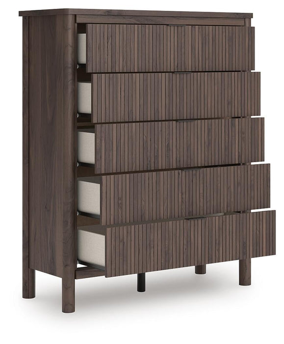 Pamytta King Upholstered Panel Bed, Dresser, Mirror, Chest and Nightstand