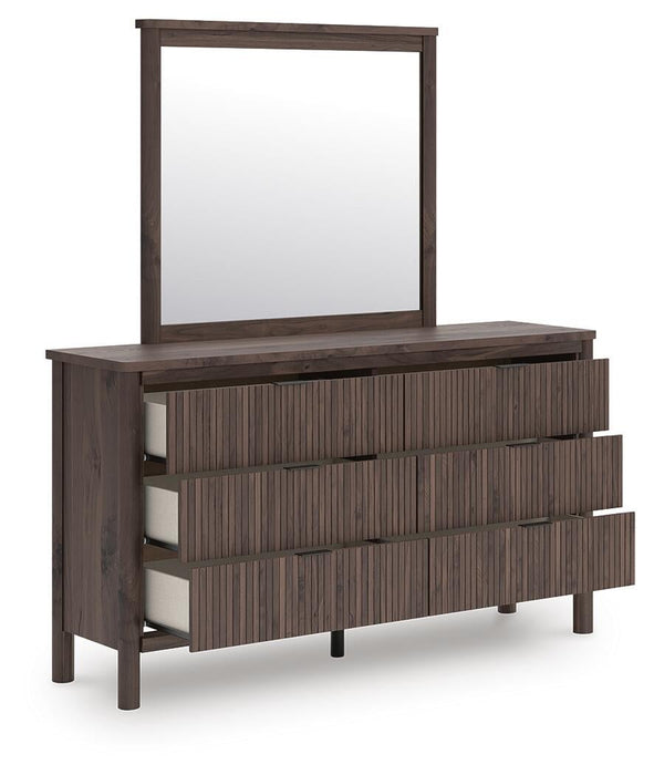 Pamytta Queen Upholstered Panel Platform Bed, Dresser, Mirror and Nightstand
