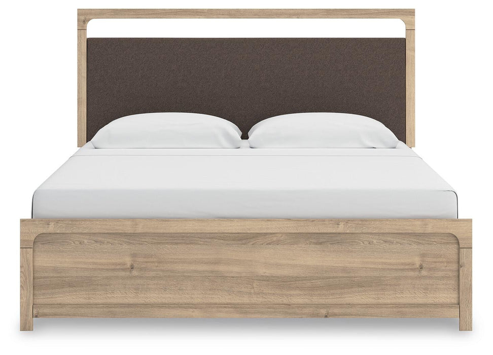 Kinlanni King Upholstered Panel Bed, Dresser and Mirror